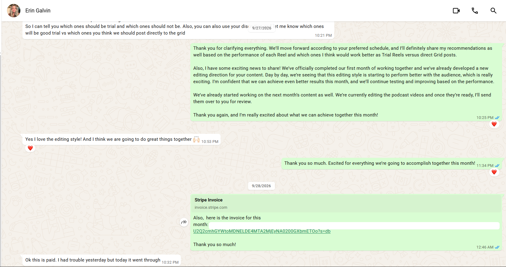 Original WhatsApp conversation with Erin Galvin about the editing style and first-month progress