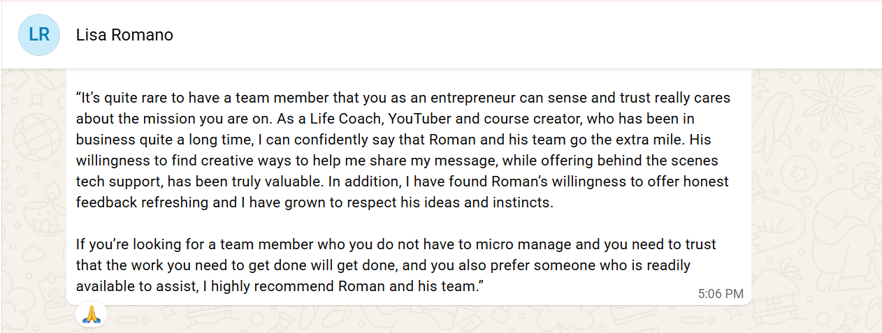 Original WhatsApp message from Lisa Romano