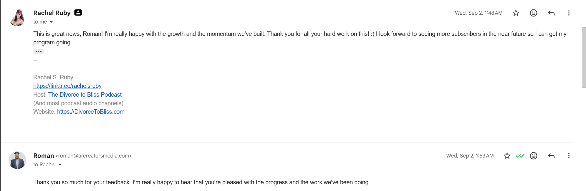 Original email from Rachel Ruby about growth and momentum for Divorce to Bliss